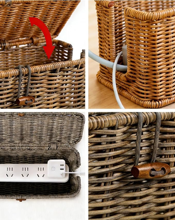 Handwoven Rattan Cable Management Box, Basket to Hide Cords, Open Slots Hider Boxes, Wicker Charging Station Storage Box, For Desk Outlet Covers for Power Strip TV Pc Router(Coffee M)