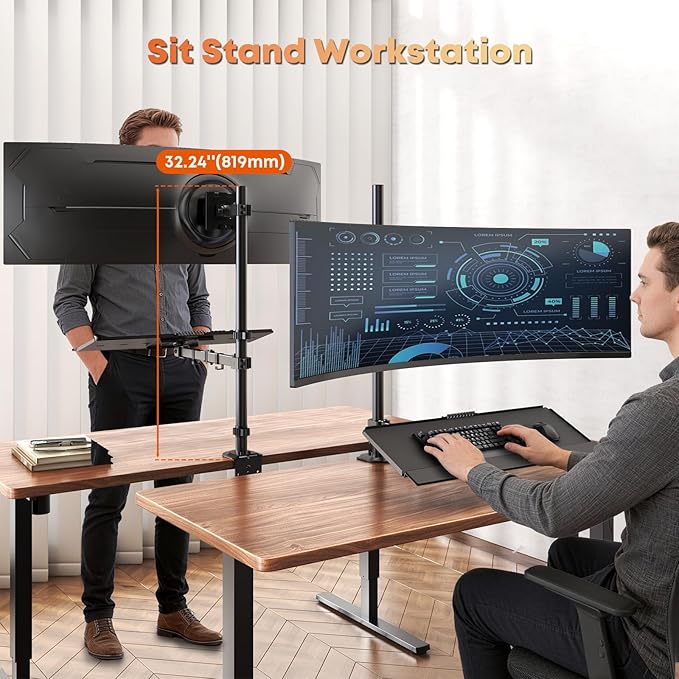 PUTORSEN 49''Monitor Arm with Keyboard Tray, Sit Stand Monitor Desk Mount, 44 lbs Monitor& 19.8 lbs Tray Capacity, C-Clamp & Grommet Mount,Standing Workstation Option