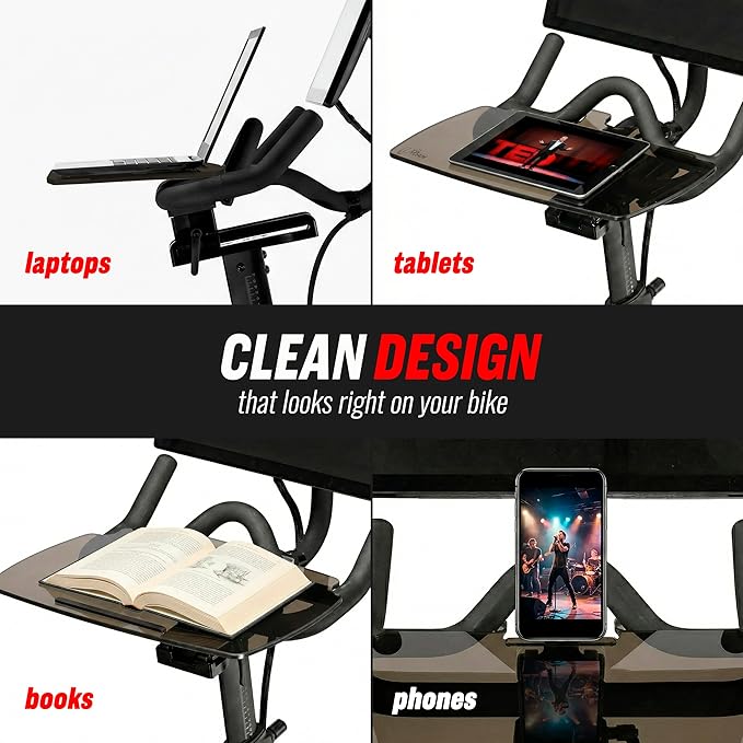 TFD The Tray V2 for Peloton Bike Original Models, Flat Acrylic Desk Tray with Phone and Pen Holders, Laptop and Tablet Tray for Work, Reading, or Viewing While Riding, Dark