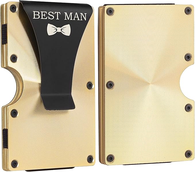awofer Best Man Gifts Set Personalized Custom Wallets for Best Man Aluminum Metal Wallet with Money Clip Engraved Wallet Gold Groomsmen Gifts Card Holder on Wedding