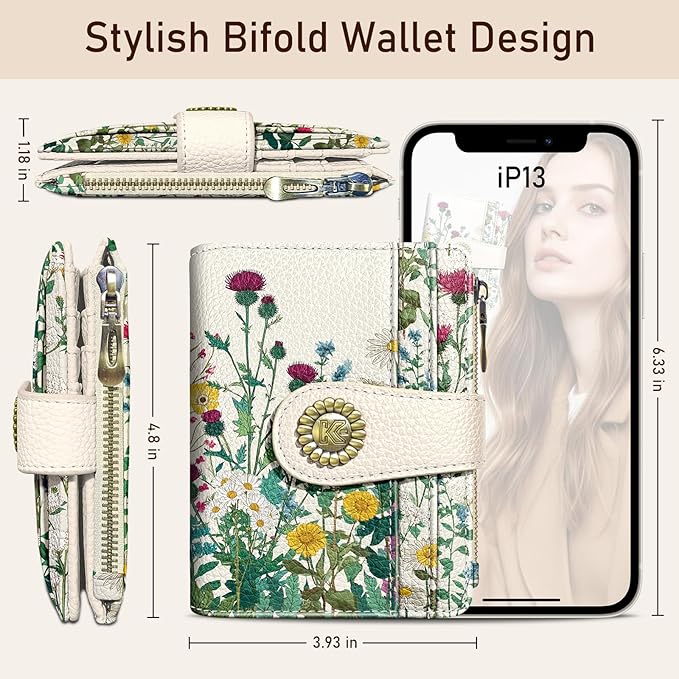 Kelvoris Aesthetic Flower Floral Small Rfid Women Wallet Bifold Zipper Coin Pocket PU Leather Compact Cash Credit Card Holder Travel Wallet for Female Ladies Teen Girls 1 ID Window 10 Card Slots