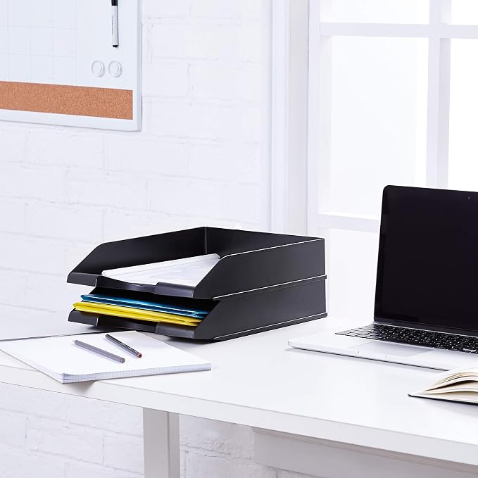 Amazon Basics Rectangular Stackable Office Letter Tray, Desk Organizer for Paper and Document Storage, Black, 12-Pack