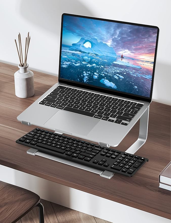 SOUNDANCE Laptop Stand for Desk, Ergonomic Metal Computer Riser for 12-17.3 Inch Laptops, Heavy Duty Stable Desktop Holder, Improves Eye Level & Workspace Organization, Silver
