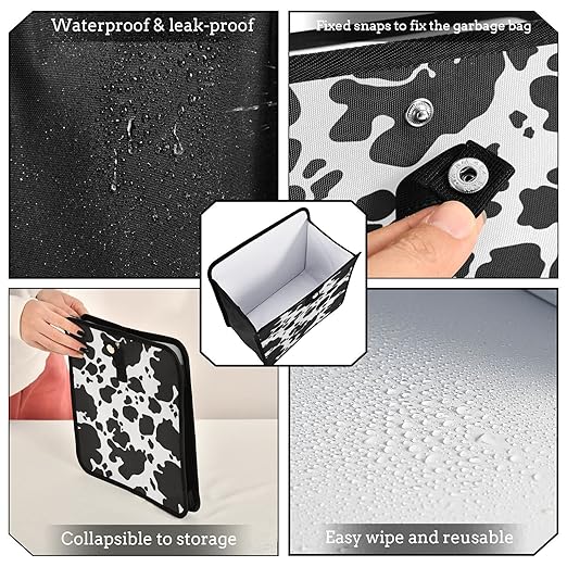 Black White Cow Car Trash Can, Animal Skin Print Foldable Hanging Car Trash Bag, Small Waterproof Car Accessories Garbage Bin