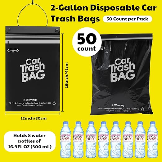 50 Bags Tidyphil Hanging Car Trash Bags Disposable, Leak-proof, Odor Seal. 2 Gallon Car Garbage Bags. Alternative to Car Trash Can, Easy Stick-On Car Garbage Can for Car,SUV, Truck, Vehicle, Stroller.