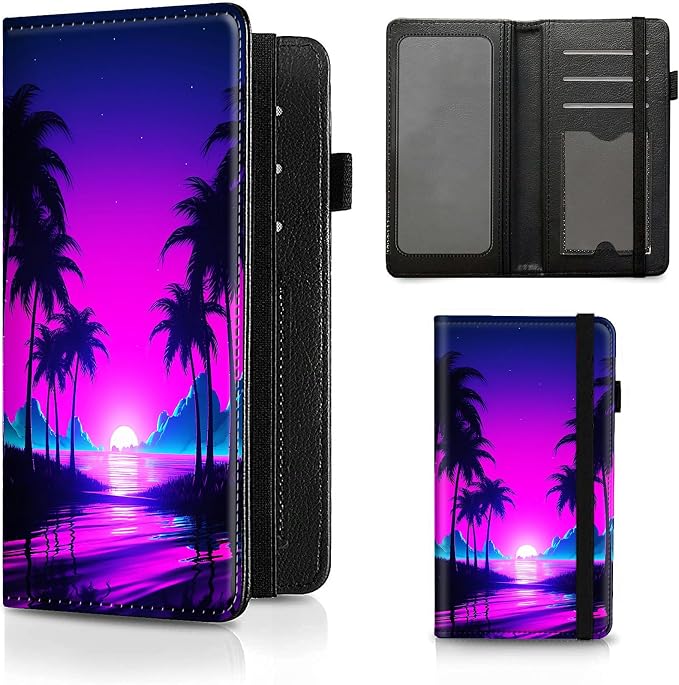 Checkbook Cover for Women & Men, RFID Blocking Personal PU Leather Checkbook Check Book Holder Wallet with Elastic Tape & Credit Card Slot,Neon Palm Trees
