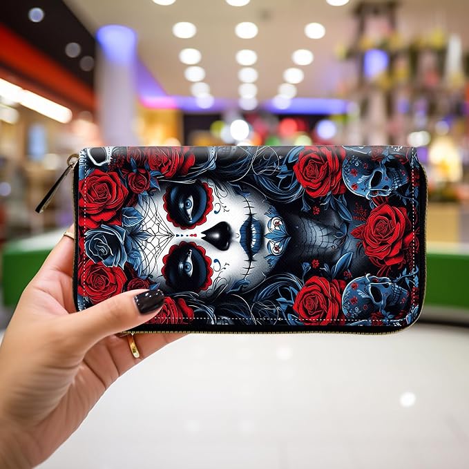 Wallet,Leather Long Wallet Suitable For Ladies And Teenagers - Detachable Wristband + RFID Travel Wallet With Card Slot - Sugar Skull Woman