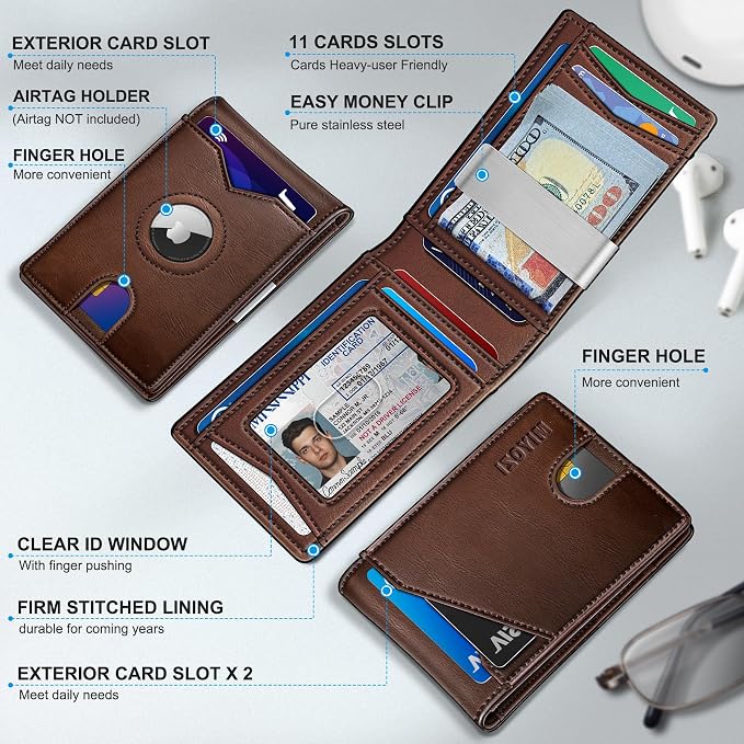 miyozi Airtag Wallet for Men,with Money Clip 11 Cards Slim Front Pocket Leather RFID Blocking Wallet with Gift Box