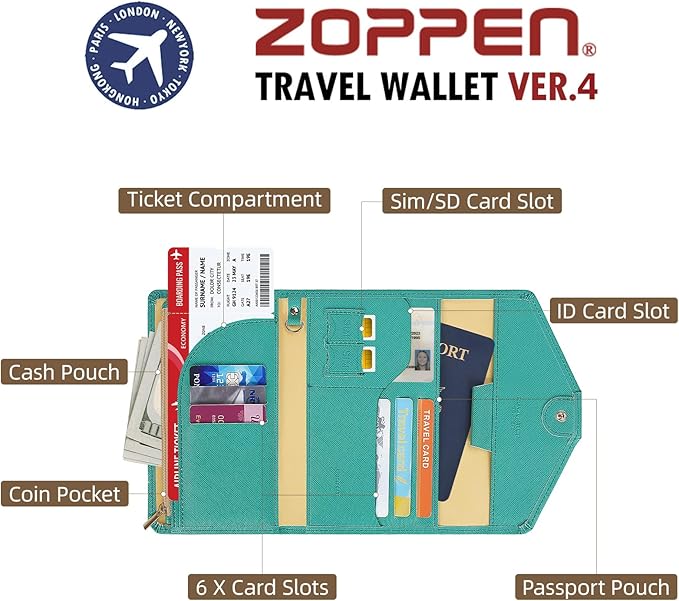 ZOPPEN Mulit-purpose Rfid Blocking Passport Holder Travel Wallet (Ver.4) Passport and Vaccine Card Holder ComboTri-fold Document Organizer Travel Essentials