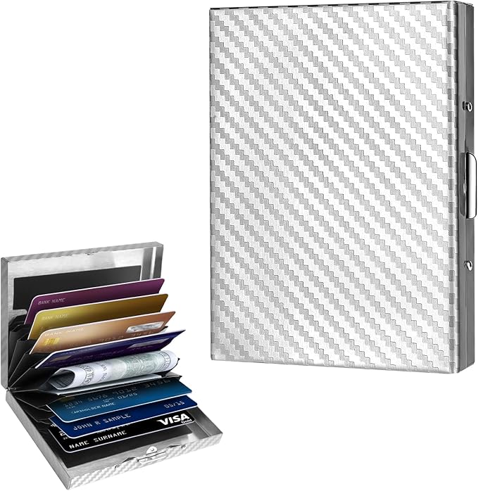 Textured Stainless Steel RFID Card Holder – Anti-Slip Etched Metal Credit Card Case with Unique Chevron Pattern – Slim Wallet for Men & Women (Silver Finish)
