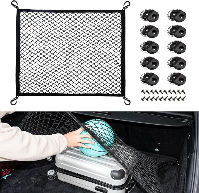 Elastic Cargo Net for SUV Truck 31.5 x23.6 inch Storage Mesh with Fixing Hooks 10Pcs D-Rings Luggage Cover, Trunk Organizer Netting for Pickup Truck RV Accessories