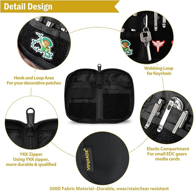 VIPERADE VE21 EDC Pouch Small Pocket Organizer with 9 Compartments, Pocket Tool Pouch with Patches Display Panel, Mini Organizer Bag for Men (Black Camo)