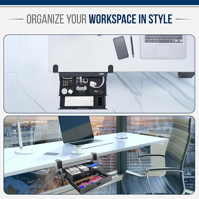 Under Desk Drawer – Clamp-On No-Drill Metal Organizer, Slide-Out Storage for Home & Office Desks