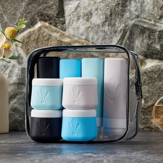 INSFIT travel bottles for toiletries 8 Pack, Leak proof Travel Size Toiletries Containers with toiletry bag, Squeezable Silicone Bottles & Cream Jars, Travel Essentials BPA-Free kit for Shampoo