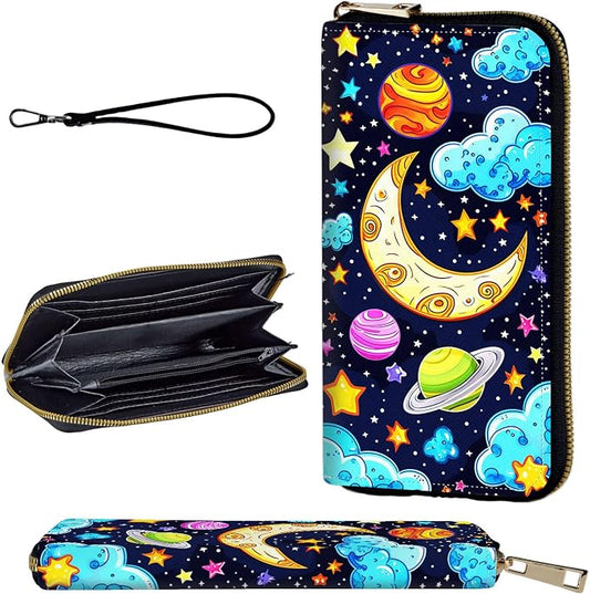Wallet,Leather Long Wallet Suitable For Ladies And Teenagers - Detachable Wristband + RFID Travel Wallet With Card Slot - Colored Universe