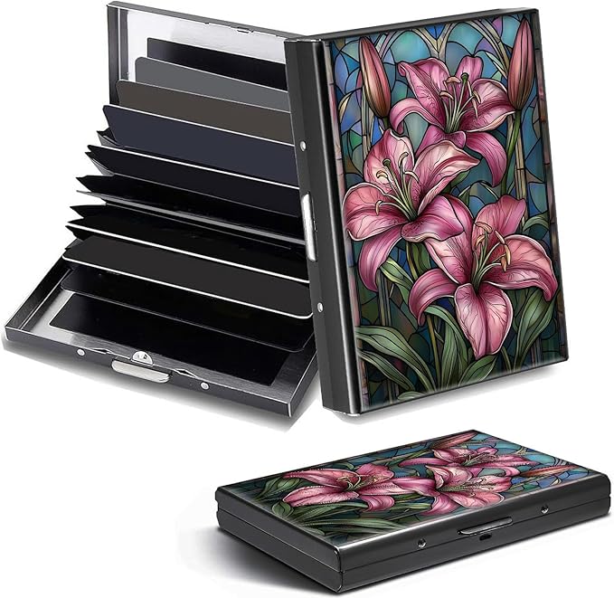 Credit Card Holder, Pink Lilies Design Mini RFID Blocking Aluminum Wallet Slim Metal Hard Case Shell Travel Wallet ID Case Small Credit Cards Case Business Cards for Women Men Girls