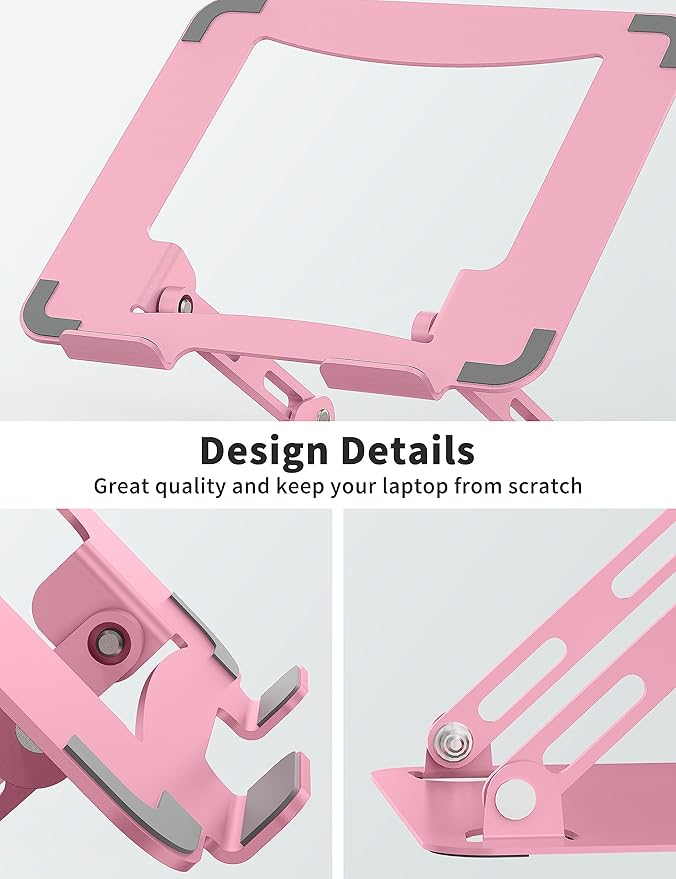 SOUNDANCE Laptop Stand for Desk, Portable Adjustable Laptop Riser, Ergonomic Design Computer Holder, Metal Laptop Mount Elevator Compatible with 10 to 15.6 Inches PC Computer, Pink