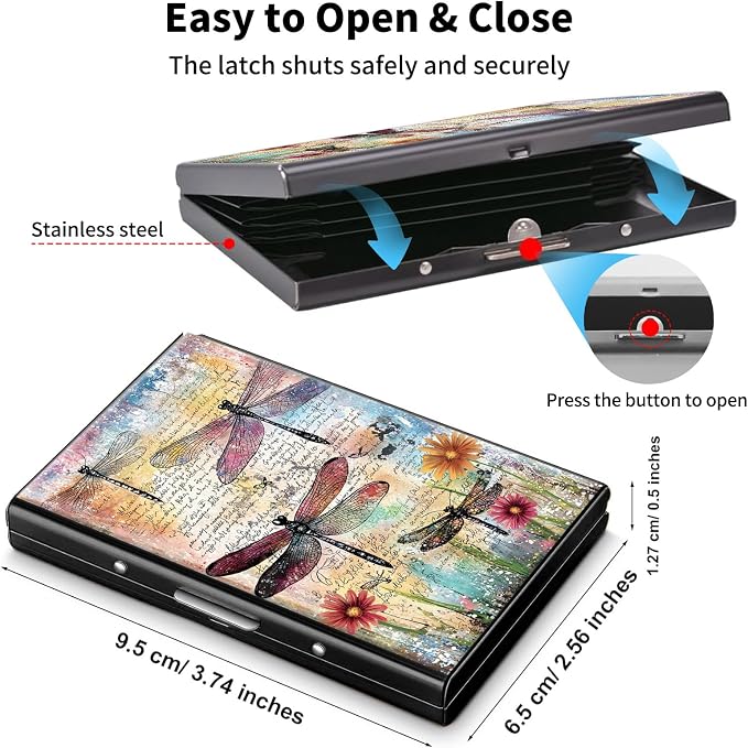Metal Wallet,Credit Card Holder for Women Men,RFID Blocking Card Holder Wallet Mini Slim Aluminum Wallet ID Case Hard Card Case Business Card Holder Case,Art Dragonfly Floral
