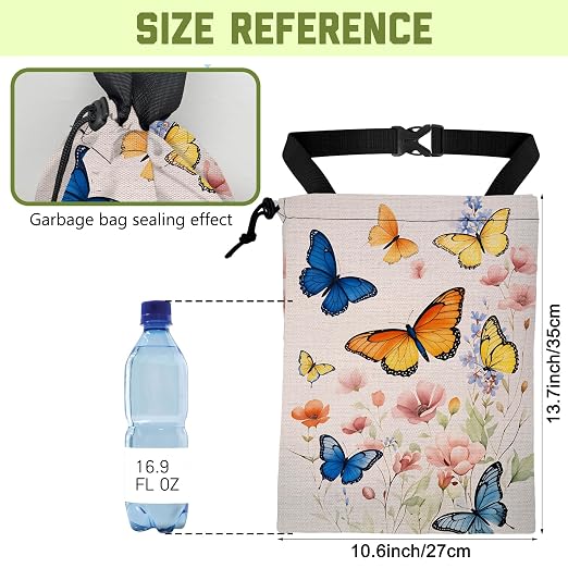 Car Trash Bag Vintage Butterflies and Flowers Leak-Proof Waterproof Car Garbage Bag with Drawstring Foldable Canvas Trash Bin with Adjustable Buckle for Car Accessories