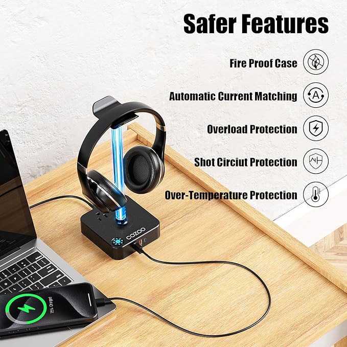 RGB Headphone Stand with USB Charger COZOO Desktop Gaming Headset Holder Hanger with 3 USB Charger and 2 Outlets - Great for Gaming, DJ, Wireless Earphone Display,Gamer PC Accessories Boyfriend Gifts