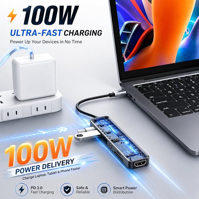 USB C Hub 7-in-1 for MacBook Pro/Air, Multiport Adapter with 4K HDMI, 100W PD Charging, USB 3.0, SD/TF Card Reader, USB-C Docking Station for MacBook, Dell, HP