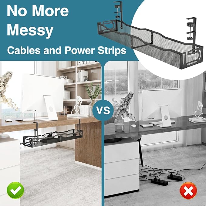 No Drill Under Desk Cable Management Tray, SONATURE 25.3" Cord Organizer for Table, Clamp Mount Desk Cable Management, Premium Carbon Steel Cable Organizer for Office, Home (Black)