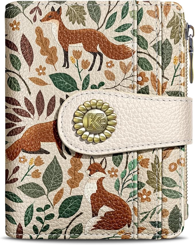 Kelvoris Cute Fox Leaves Small Rfid Women Wallet Bifold Zipper Coin Pocket PU Leather Compact Cash Credit Card Holder Travel Wallet for Female Ladies Teen Girls 1 ID Window 10 Card Slots