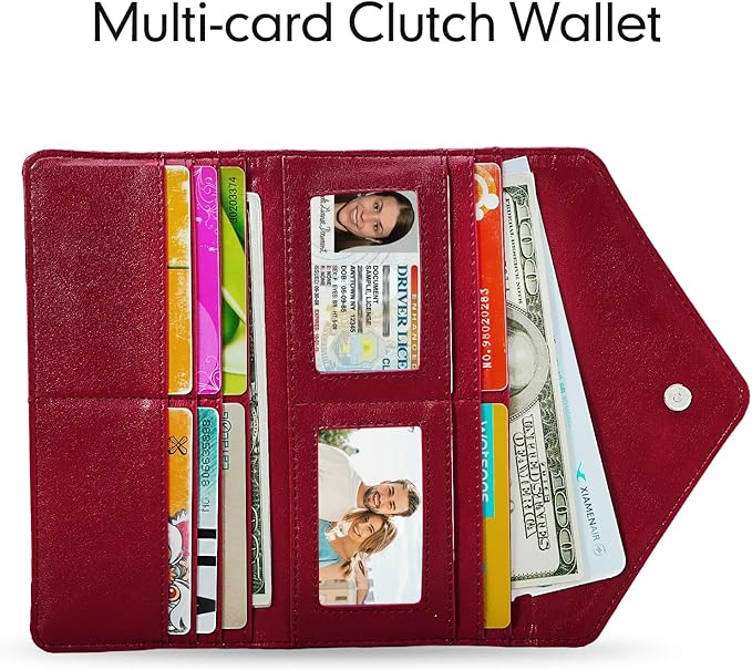 Rfid Credit Card Holder Wallets for Women Leather Zipper Slim with Coin Pocket, Wine Red