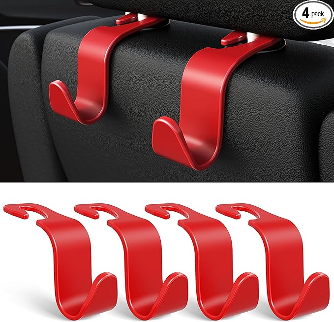 Amooca Car Seat Headrest Hook 4 Pack Hanger Storage Organizer Universal for Handbag Purse Coat Universal fit Vehicle Car S Type Red