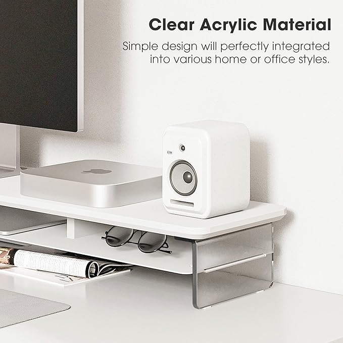 Fenge Acrylic Monitor Stand, 42.5 Inch Clear Dual Monitor Riser with Metal Storage, 2 Tier Computer Riser with LED Lights for Desk, Laptop, Printer, TV