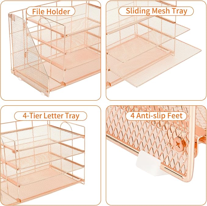 OPNICE Desk Organizer, 5-Tier Paper Organizer Letter Tray with Magazine Holder, Office Desk Accessories & Workspace Organizers, Desktop File Organizer for Office Supplies Storage, Rose Gold