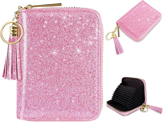 Coco Rossi Women's Small Credit Card Wallet RFID Cute Card Holder for Women with Tassel, Peach Glitter