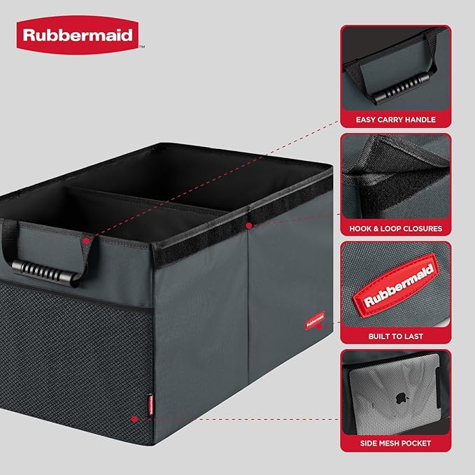 Rubbermaid Car Organizer, Collapsible Trunk Organizer, Multi-Compartment Car Storage Organization for Car Accessories, 2 Compartments With Cover, 21.65"*14.17"*12.2" - Gray