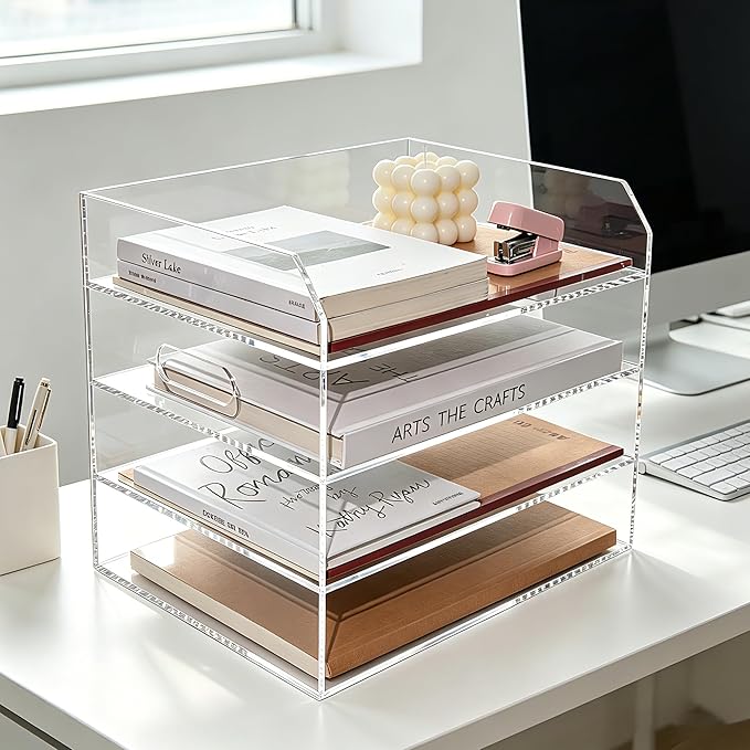 Paper Tray Organizer for Desk, 4 Tier Acrylic Desk Organizers and Accessories, One-Piece Integrated A4 Paper Organizer with Handles, Crystal-Clear Letter Tray & Office File Holder, Books Notes