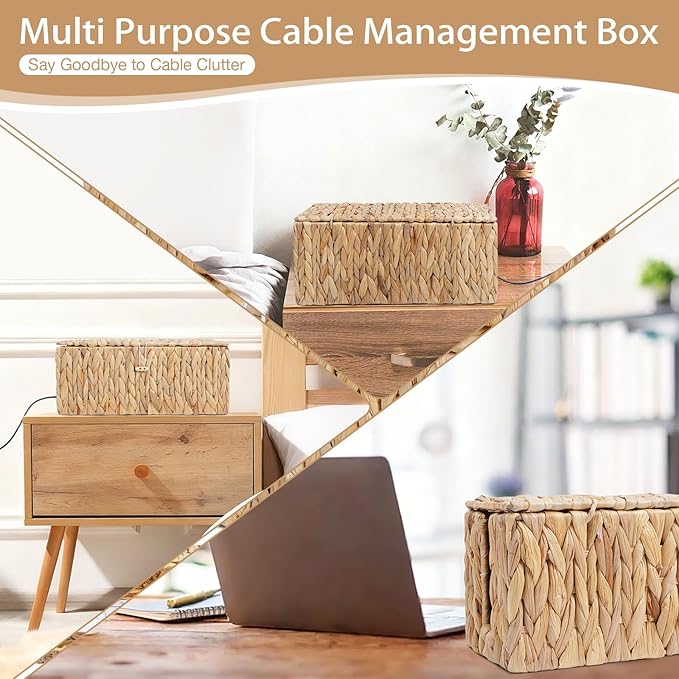Cable Management Box with Lids-Handwoven Rattan Cord Organizer with Open Slots,Desk Organizer Box to Hide Power Strips&Cords,Office Desk Accessories Storage Basket,2 Pack