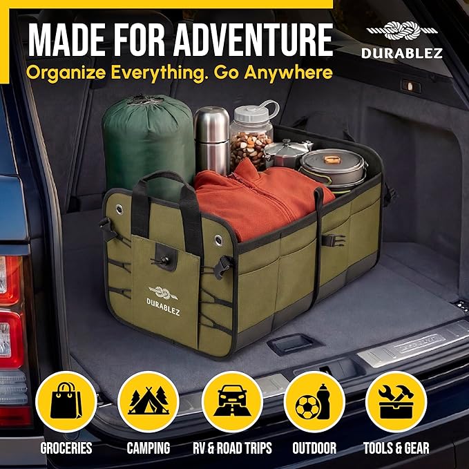 Heavy Duty Foldable Trunk Organizer 2-Section – Dual-Compartment Car Cargo Box with Non-Slip Pads & Removable Dividers – Green
