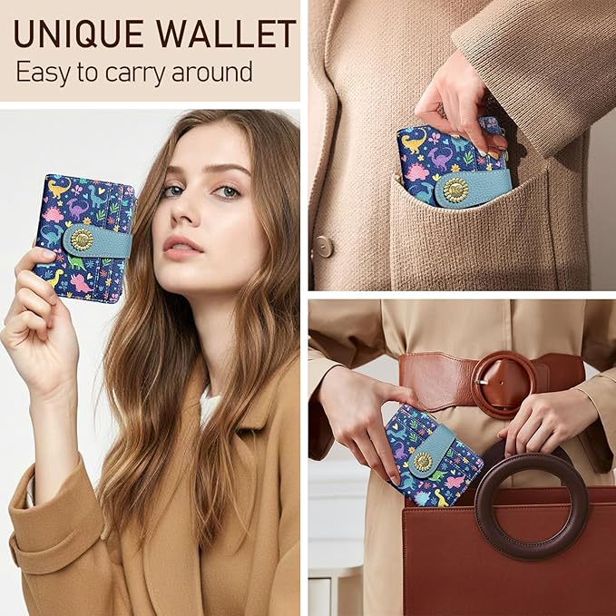 Kelvoris Cute Dinosaurs Small Rfid Women Wallet Bifold Zipper Coin Pocket PU Leather Compact Cash Credit Card Holder Travel Wallet for Female Ladies Teen Girls 1 ID Window 10 Card Slots