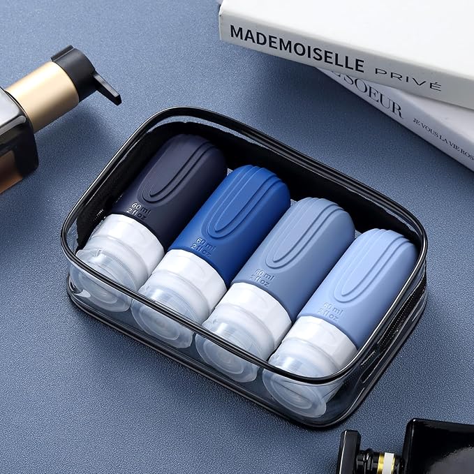 Mrsdry Travel Bottles for Toiletries, Tsa Approved 2oz Travel size Bottles, BPA Free Leak Proof Travels Toiletry Containers, Traveler Accessories with Toiletry Bag for Shampoo Liquid (4 Pack)