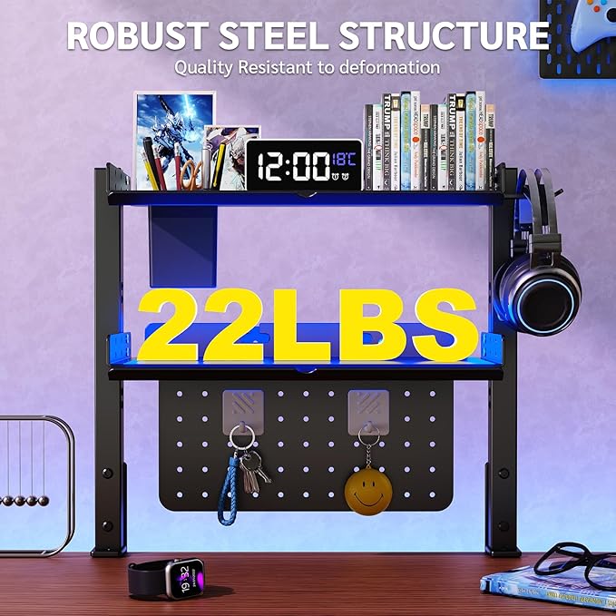 2-Tier Metal Clamp On Desk Shelf, Adjustable 16 inch Desk Storage Shelves with Pegboard and Pencil Holder,Above or Under Heavy Duty Desktop Organizer with Headphone Holder for Desk Accessories (Black)
