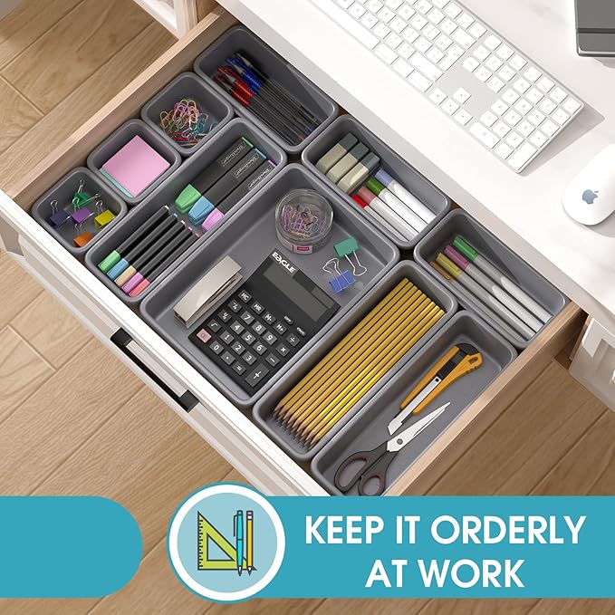 25 PCS Drawer Organizer Set, 4 Size Makeup Drawer Divider Organizer With Non-Slip Pads, Interlocking Plastic Storage Bins for Office,Jewelry Vanity,Gadgets, Bathroom,Kitchen, Grey