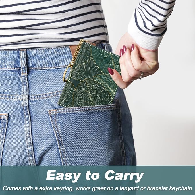 Nipichsha Credit Card Holder, Small RFID Card Wallet for Women, Slim Leather Card Holder Wallet, Credit Card Wallet Organizer, Pocket Business Card Case with Zipper & Keychain, Tropical Leaf