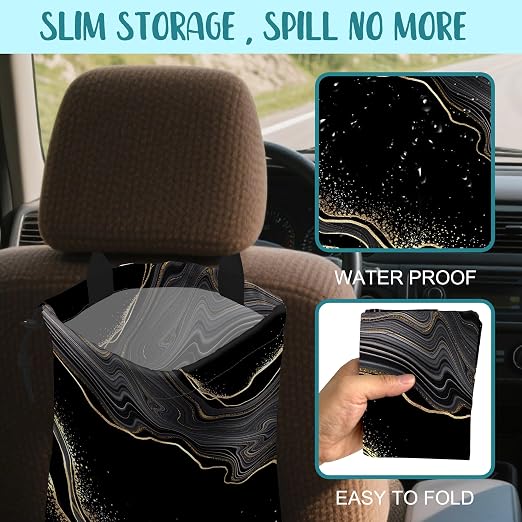Car Garbage Bag Abstract Marble Golden Veins Drawstring Car Trash Bag Hanging for Back Seat with Adjustable Buckle Canvas Vehicle Trash Can Easy-to-Install