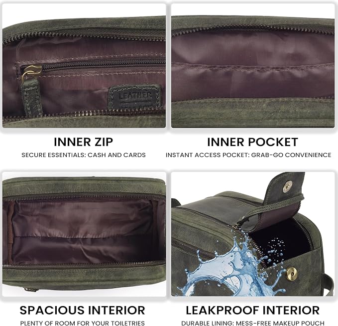 LEATHER VILLAGE Genuine Leather Toiletry Travel Pouch With Waterproof Lining - Olive | King-Size Handcrafted Vintage Dopp Kit Bag, Shaving & Bathroom Organizer, Gift for Men & Women