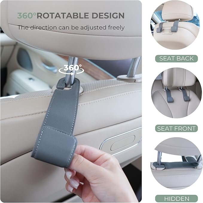 Purse Holder for Car, 2 Pack Upgraded Car Seat Hooks for Hanging Purse and Bag, Leather Headrest Hooks for Car Back Seat, Car Organization Accessories (Beige)