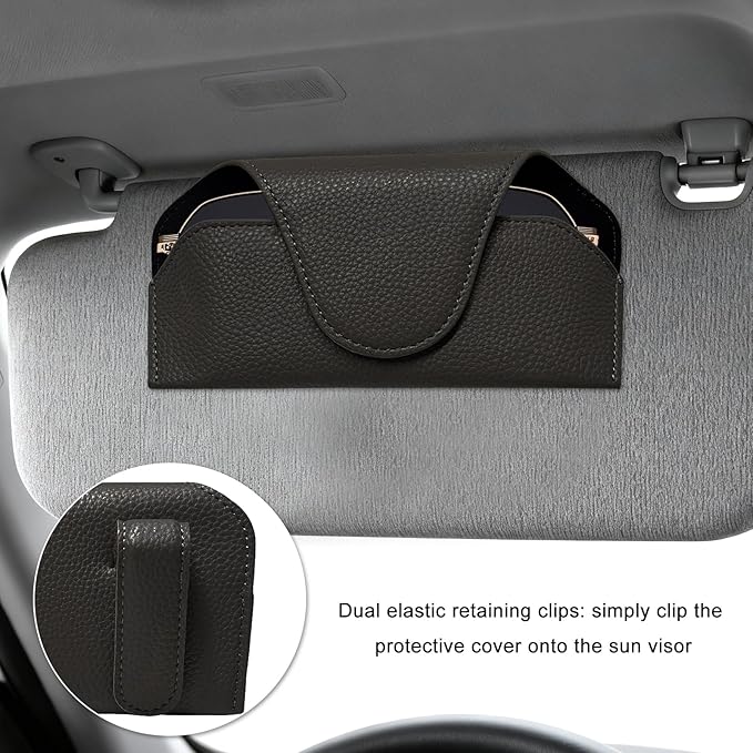 Sunglass Holder for Car Visor, Magnetic Auto Sun Visor Eyeglass Organizer with Dual Back Clips, Leather Glasses Protective Storage Case Universal for Most Vehicles Visors (Black)