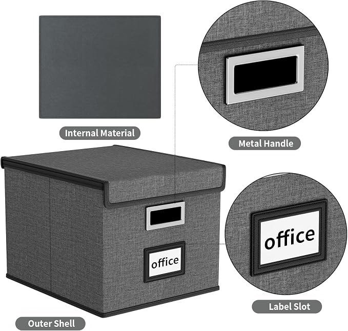 File Organizer Boxes with Lids, Linen Office Document Storage Boxes, Filing Boxes, Decorative Small File Boxes for Hanging Files with Plastic Slide for Office/Cabinet/Decor/Home