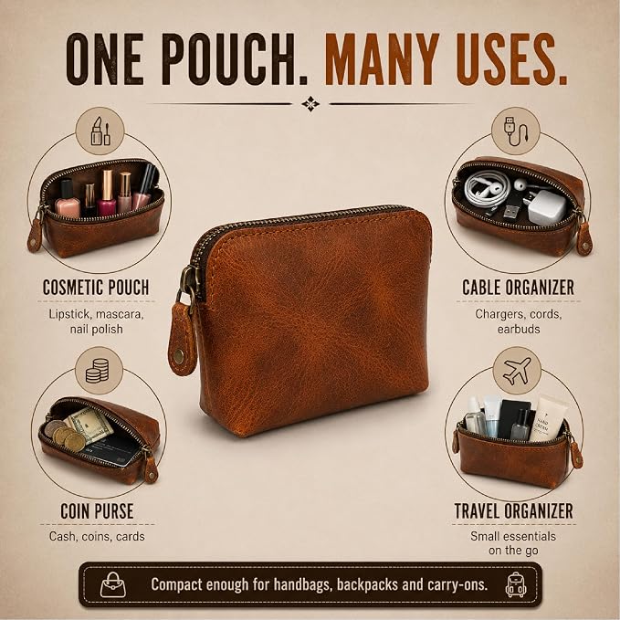 Full Grain Leather Cosmetic Bag – Zippered Makeup Pouch for Women, Small Travel Toiletry & Organizer Pouch for Purse, Premium Handmade Leather (5 × 4 × 2.5 in)