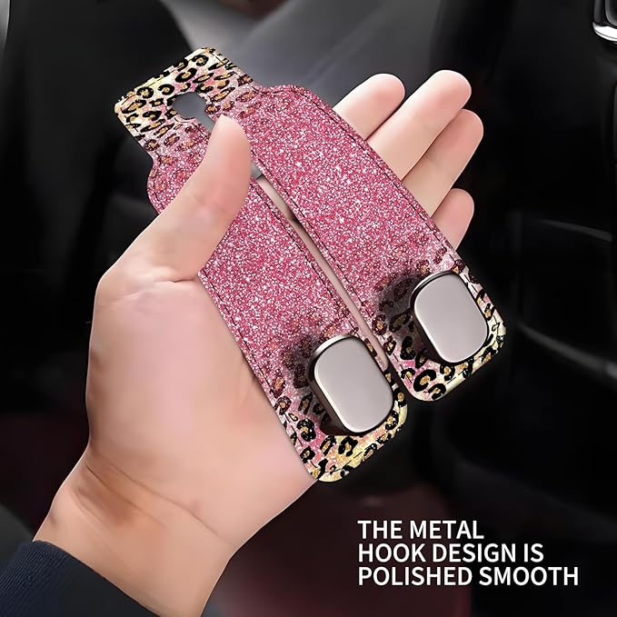 Car Seat Headrest Hook, Universal Leather Cute Hanger Holder Hook, Storage Organizer Interior Accessories for Purse Bags Handbag Glitter Pink Leopard