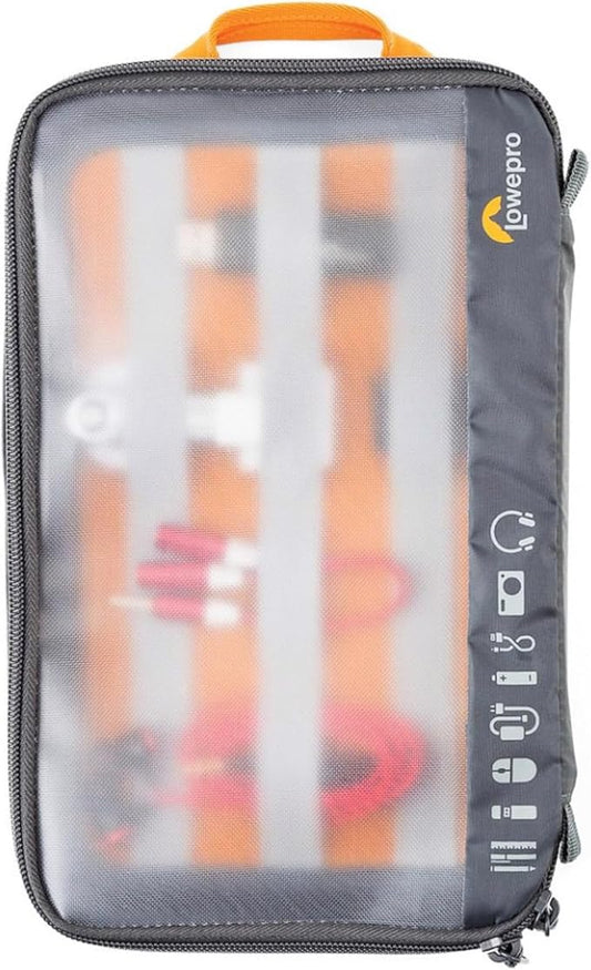 Lowepro GearUp Pouch Large, Travel Essentials, Travel Case for PC Cables, Adapters, Batteries, Chargers, Small Cameras, USB Sticks and Laptop Accessories, Made of Recycled Fabric, Grey