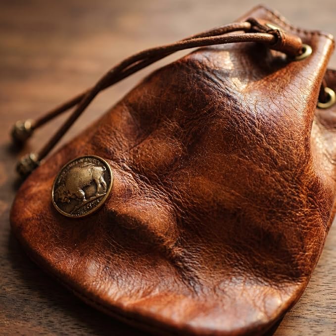 PU Drawstring Coin Purse, Vintage Faux Leather Pouch with Antique Brass Clasp, Portable Drawstring Coin Bag for Coins/Cash/Small Essentials(Brown)